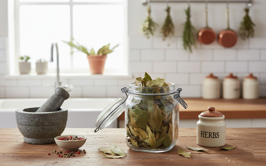Glass jar of dried bay leaves on a wooden kitchen counter with mortar, peppercorns, and herb jars, showing proper herb storage at home.
