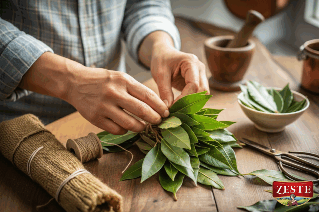 Hands tying a bundle of fresh bay leaves, also known as laurel leaves, with string on a wooden table, prepared for storage and cooking.