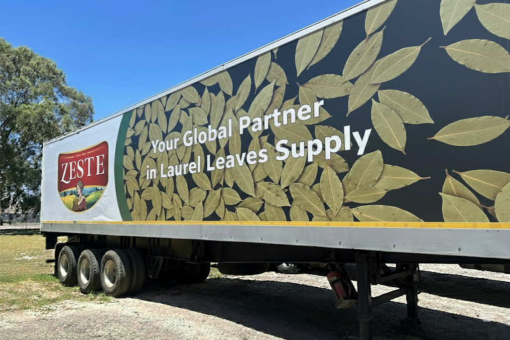 Zeste-branded truck with the slogan “Your Global Partner in Laurel Leaves Supply,” decorated with bay leaves graphics, symbolizing international herb distribution.