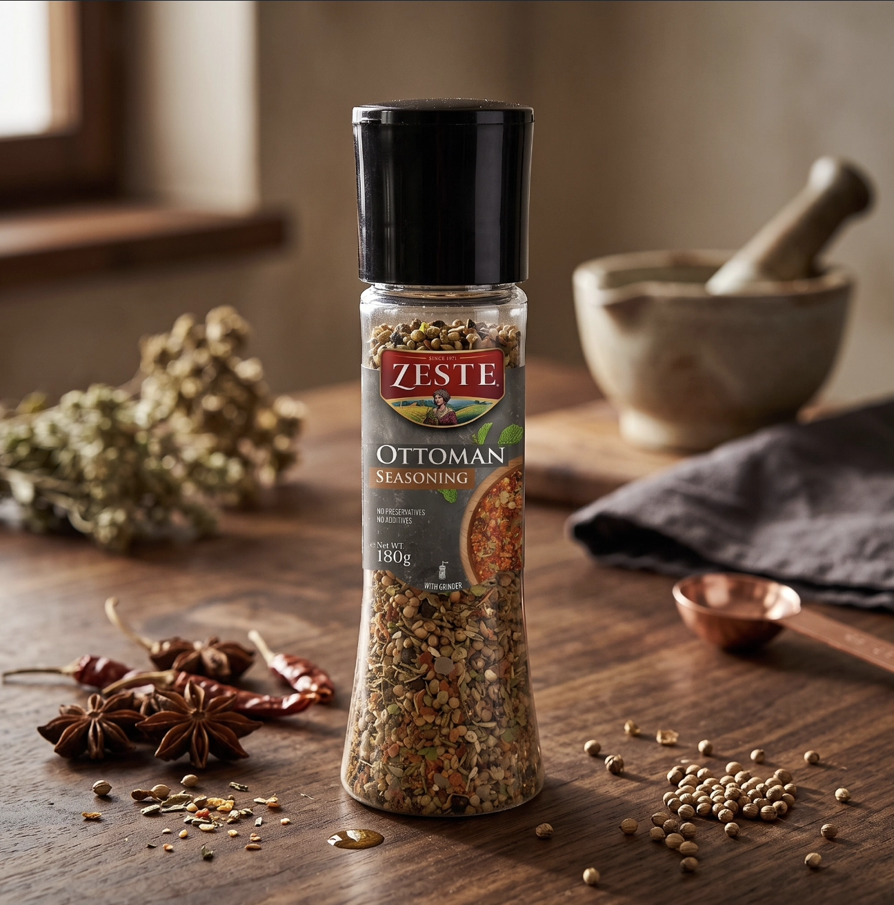 Zeste Ottoman Seasoning in a 180g grinder bottle.